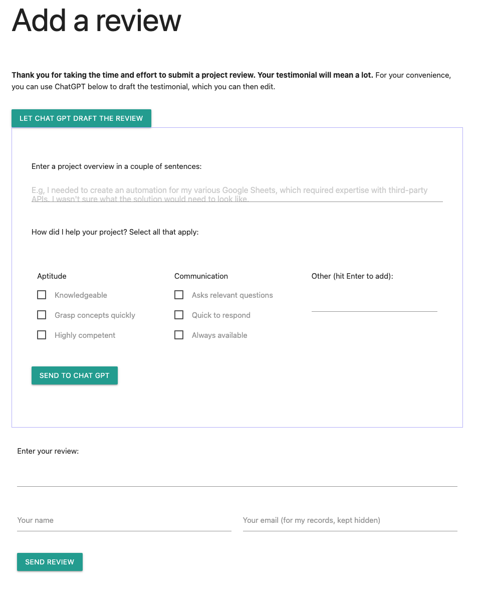 Reviews form page